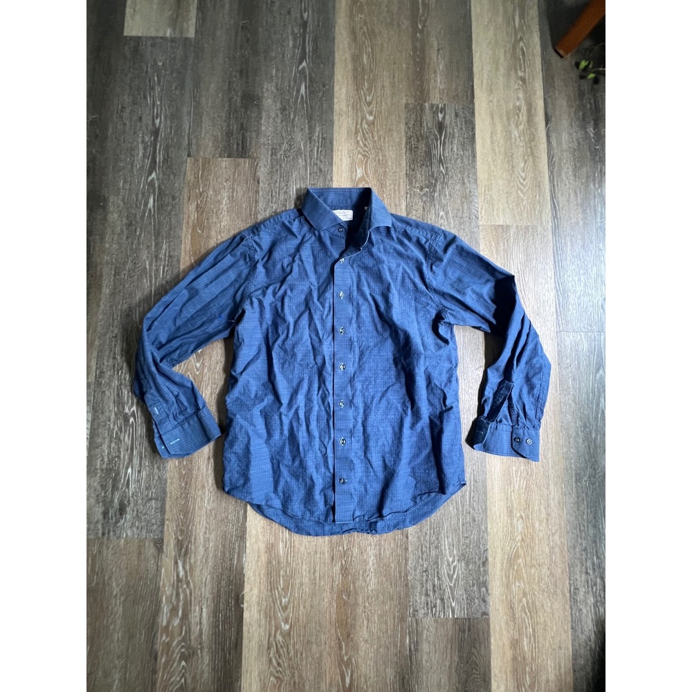 Lorenzo Uomo Button Down Shirt Mens 17 34/35 Blue Good Trim Fit Micro Pattern